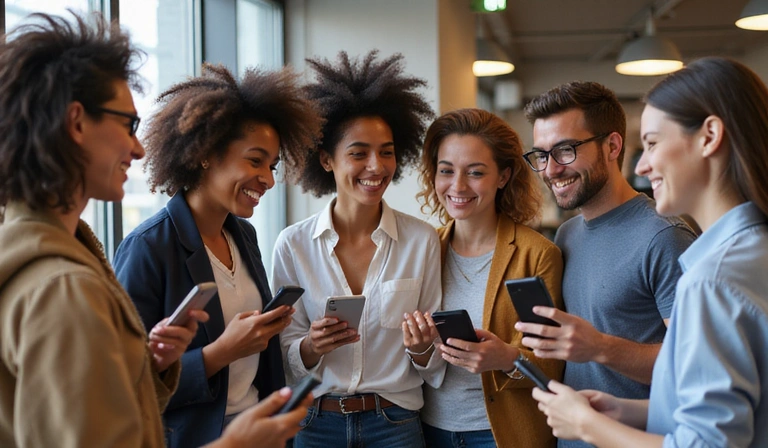 People connecting on social media, diverse group smiling