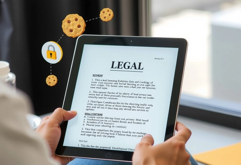 Una persona che legge un documento legale su un tablet, circondata da icone stilizzate di cookie e privacy.
