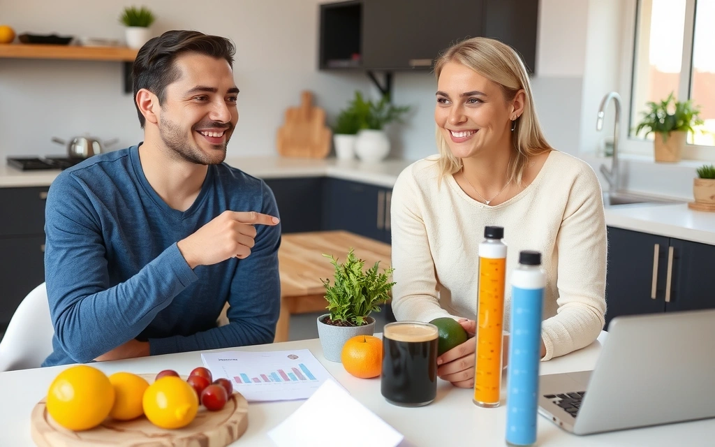 Uomo e donna che sorridono durante una consulenza nutrizionale con grafici e cibo sano sullo sfondo