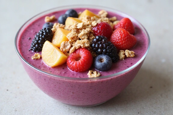 A colorful smoothie bowl with fresh berries, granola, and nuts