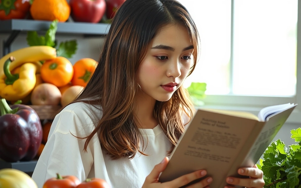Persona che legge un libro sulla nutrizione, simboleggiando l'educazione e la conoscenza