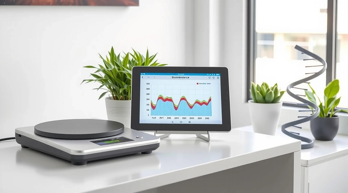 Tavolo con strumenti di analisi nutrizionale e tablet con dati