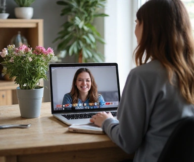 Online consultation via video call on a laptop
