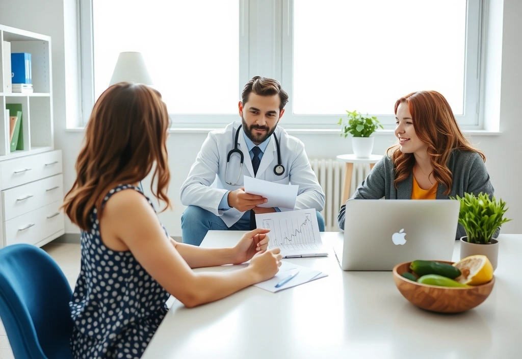 Medico e nutrizionista che discutono un piano con un paziente