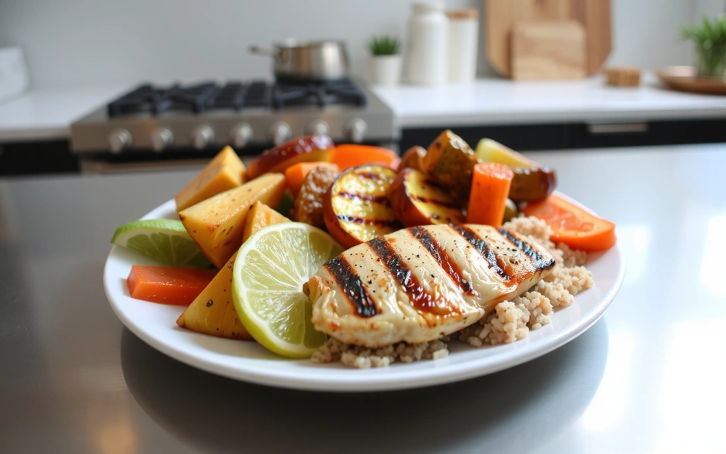 Piatto sano e bilanciato con verdure, proteine e carboidrati